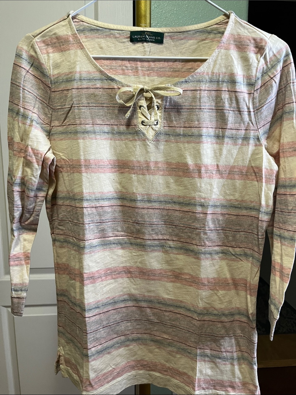 NEW Ralph Lauren Cream Striped Lace-Up Long Sleeve Tee Sz Small Womens